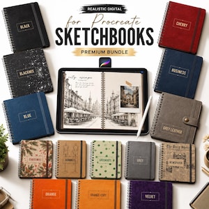 May include: A digital bundle of sketchbook templates for Procreate featuring various cover designs including black, cherry, blue, grey leather, and newspaper patterns. A tablet displays an open sketchbook with a city street illustration and a stylus.