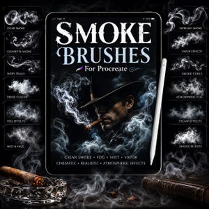 May include: A digital tablet displaying a collection of smoke brushes for Procreate, featuring a man in a hat smoking a cigar. The screen shows text including SMOKE BRUSHES, For Procreate, and various smoke effect labels like Cigar Smoke and Fog.