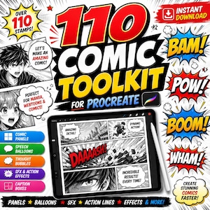 Könnte beinhalten: Ein digitales Comic-Toolkit für Procreate mit 110 Stempeln, darunter Comic-Panels, Sprechblasen, Gedankenblasen und Action-Effekte. Das Display zeigt ein Tablet mit einer Manga-Comic-Seite, Action-Linien und Soundeffekt-Texten.