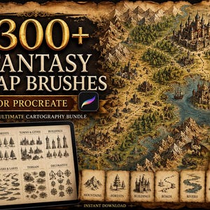 May include: A digital art bundle for Procreate featuring over 300 fantasy map brushes and stamps. The image showcases a detailed fantasy map, a tablet displaying brush categories, and a scroll with usage suggestions. The color palette is warm, with a vintage aesthetic.