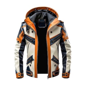 May include: A multi-coloured jacket featuring a hood, constructed with panels of white, dark blue, and orange. The garment includes multiple zippered pockets, metallic snap buttons, and adjustable straps at the cuffs and hem, showcasing a structured design.