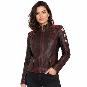 Women’s Brown Leather Biker Jacket, Star Patch Moto Jacket, Lace-Up Motorcycle Jacket