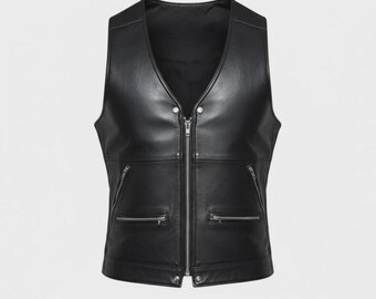 Chaleco de motociclista de cuero negro para hombre, auténtico chaleco de motociclista clásico.