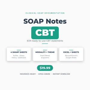 Può includere: Annuncio del prodotto digitale "SOAP Notes CBT", con un design turchese e bianco. L'immagine evidenzia "CBT" in un rettangolo verde ed elenca funzionalità come "4 Smart Sheets" e "Excel + Sheets". Il prezzo è di 19,99 €.