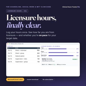 Op de afbeelding: Een digitaal Clinical Hours Tracker Pro-spreadsheet voor counselors en maatschappelijk werkers. De interface toont een urenlogboek, voortgangsbalken voor licenties en een verwachte einddatum op een donkerpaarse achtergrond.