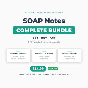 Therapy Soap Note Bundle, CBT DBT ACT, 1822 Clinical Statements, Insurance-Ready Progress Note Template, Excel Google Sheets