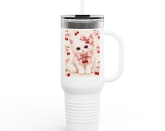 Taza de viaje con diseño de gatito blanco adorable y lazo / Vaso térmico de 40 oz
