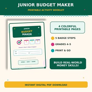 Peut inclure: Un livret d'activités imprimable Junior Budget Maker comprenant quatre pages colorées pour les niveaux 4-5. Le document inclut cinq étapes de badge, un graphique cible et des sections pour le nom, la date, la troupe et les catégories dépenser, épargner, partager.