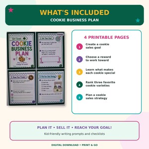 Peut inclure: Un plan d'affaires pour la vente de biscuits Girl Scout comprenant quatre pages imprimables avec des exercices d'écriture et des listes de contrôle. Le texte inclut WHAT'S INCLUDED, COOKIE BUSINESS PLAN, 4 PRINTABLE PAGES et PLAN IT • SELL IT • REACH YOUR GOAL!