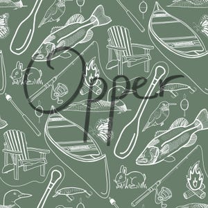 May include: A sage green fabric featuring a repeating white line art pattern of outdoor elements including canoes, fishing rods, fish, Adirondack chairs, campfires, rabbits, birds, butterflies, and fishing lures, with a dark overlay text.
