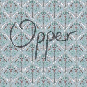 May include: A repeating pattern of overlapping scalloped arches on a light blue background. Each arch contains a symmetrical floral motif with thin green stems, red flower buds, and small leaves. The word Opper is written in dark gray script.