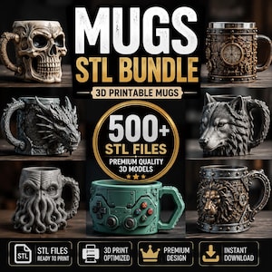 500+Fantasy Mugs STL Bundle, Horror Mug 3D Print Files, Novelty Cup Holder STL, Can Cooler Drinkware Instant Download