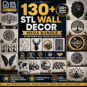 May include: A digital collection of 130+ STL wall decor files for 3D printing. The graphic features gold and white text on a dark background, showcasing various designs including a lion head, tree of life, mountain landscapes, and animal silhouettes.
