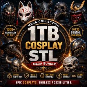 Könnte beinhalten: Eine digitale Sammlung von 1 TB an Cosplay-STL-Dateien für den 3D-Druck, mit verschiedenen Helmdesigns wie einer Kitsune-Maske, Pestdoktor-Masken, Samurai-Rüstungen und gehörnten Helmen, mit dem Text 1TB COSPLAY STL MEGA BUNDLE.