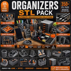 May include: A digital collection of 350+ 3D printable STL files for desk organisers, drawer dividers, cable management, storage boxes, tool holders, and phone stands. The image displays various grey and orange plastic organisational units.