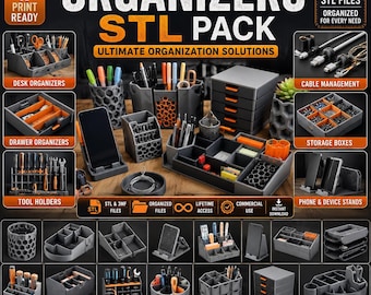 May include: A digital collection of 350+ 3D printable STL files for desk organizers, drawer dividers, cable management, storage boxes, tool holders, and phone stands. The image displays various grey and orange plastic organizational units.