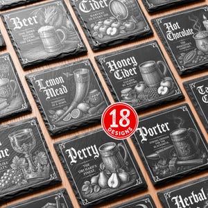 May include: A collection of square black slate coasters featuring white engraved illustrations and text for various beverages including Beer, Cider, Hot Chocolate, Lemon Mead, Honey Cider, and Porter, with a red circular badge stating 18 designs.