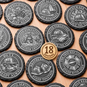 Puede incluir: Una colección de posavasos redondos de pizarra gris oscuro con grabados de temática de bomberos y texto, incluyendo frases como Resilience, Last Alarms, Courage, Flood Evacuation, Never Forgotten, Duty, Brotherhood y The Thin Red Line.