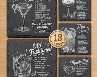 May include: A set of five square black slate coasters featuring white printed cocktail recipes and illustrations for Cosmopolitan, Espresso Martini, Mai Tai, Old Fashioned, and Manhattan drinks, with a round wooden 18 designs label.