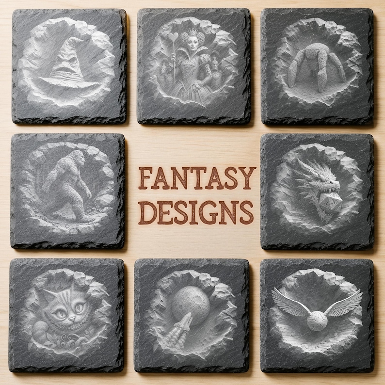 May include: A set of eight square dark gray slate coasters featuring engraved fantasy imagery including a wizard hat, a queen, a spider, a creature, a dragon with a die, a cat, a moon with a rocket, and a winged ball, with the text FANTASY DESIGNS.
