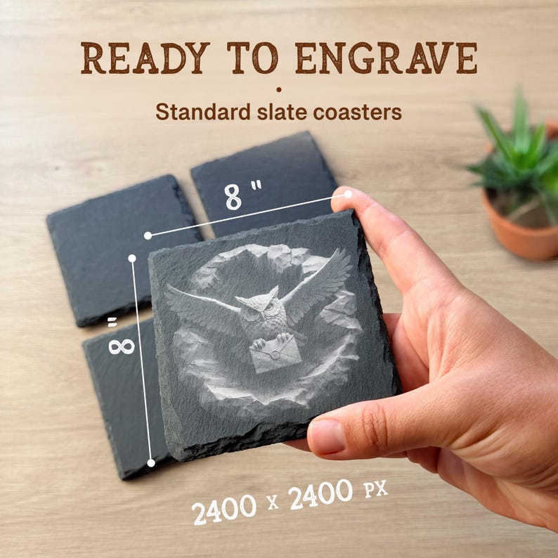 May include: A set of square black slate coasters with rough edges. One coaster features an engraved image of an owl in flight carrying an envelope. The coasters measure 8 inches by 8 inches. Text on the image reads READY TO ENGRAVE Standard slate coasters.
