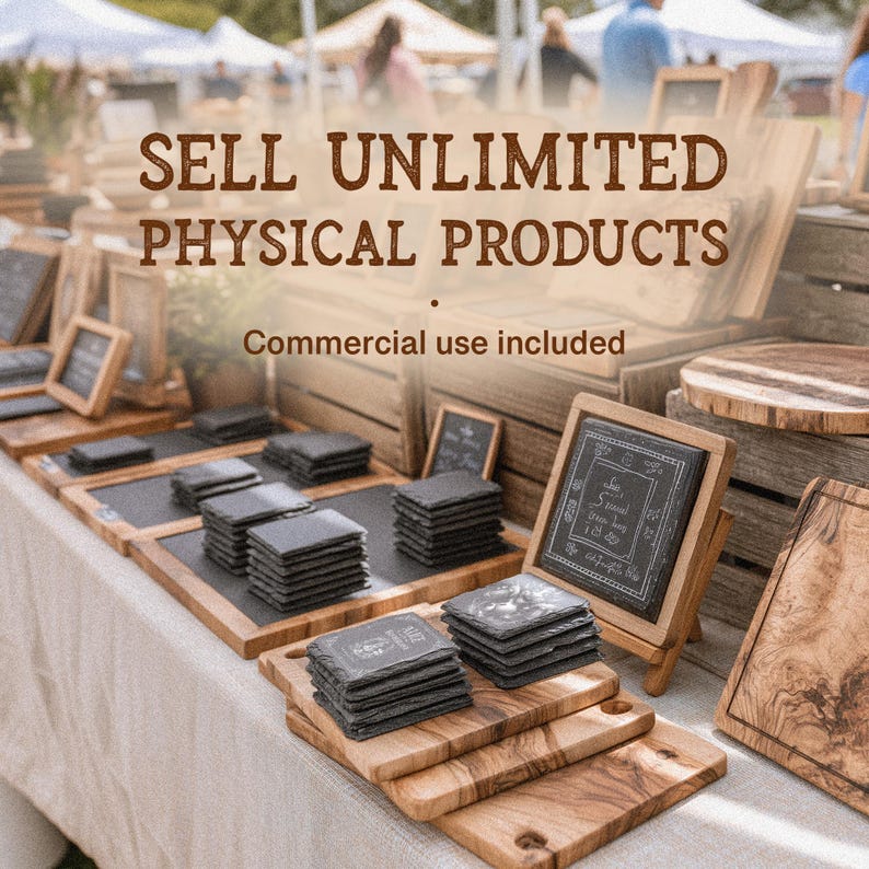 May include: A display of rectangular slate coasters and wooden serving boards on a table. The text SELL UNLIMITED PHYSICAL PRODUCTS and Commercial use included is overlaid on the image. The slate coasters are stacked in piles on wooden boards.