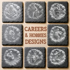May include: A set of eight square black slate coasters featuring engraved designs of various careers and hobbies, including a soldier, a firefighter, a doctor with a stethoscope, a hunter, and a bull rider, with the text CAREERS & HOBBIES DESIGNS.