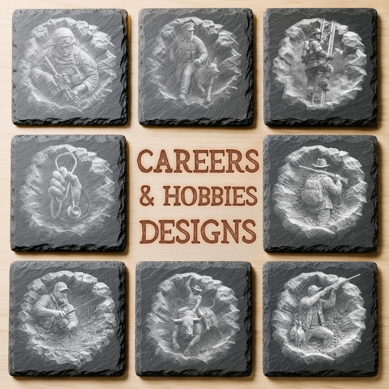 May include: A set of eight square black slate coasters featuring engraved designs of various careers and hobbies, including a soldier, a firefighter, a doctor with a stethoscope, a hunter, and a bull rider, with the text CAREERS & HOBBIES DESIGNS.