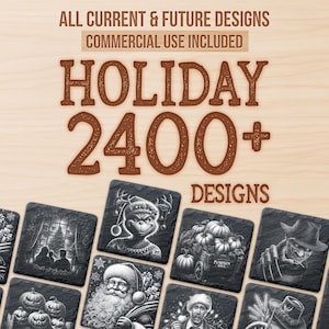 Puede incluir: Una colección de posavasos cuadrados de pizarra con varios diseños navideños grabados. El texto en la parte superior dice: ALL CURRENT & FUTURE DESIGNS, COMMERCIAL USE INCLUDED, HOLIDAY 2400+ DESIGNS. Los posavasos muestran ilustraciones detalladas de personajes y temas estacionales.