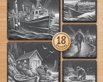 Sea Fishing Laser Engraving Files | Coastal Slate Coaster PNG Bundle | Boat & Dock Scenes
