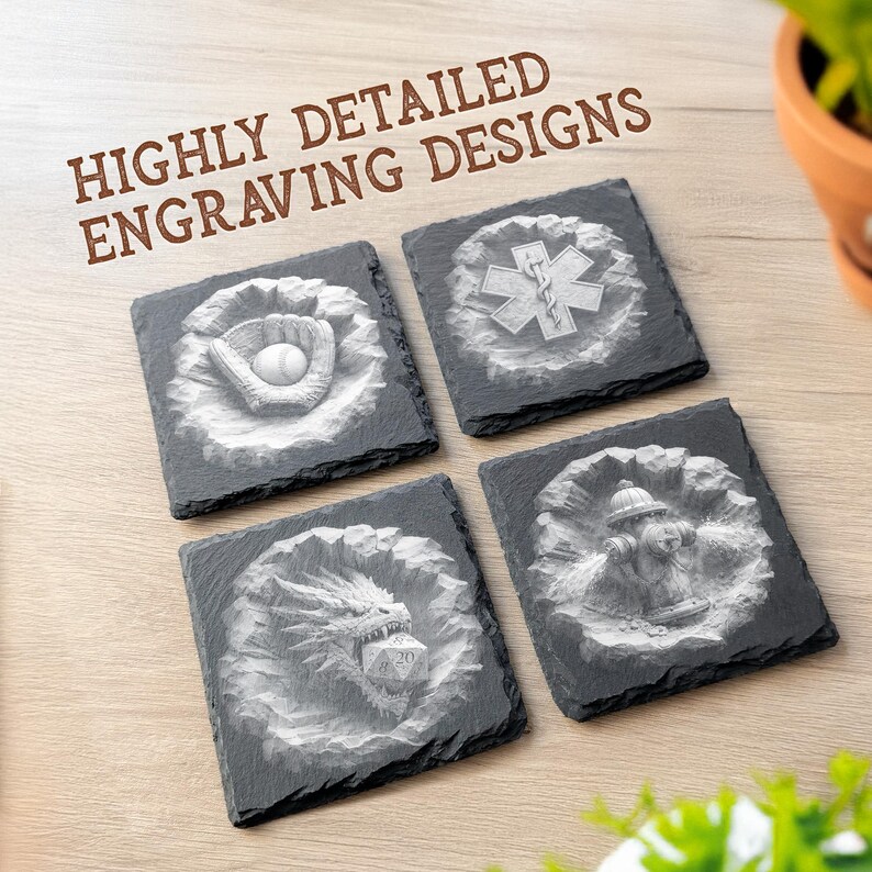 May include: Four square black slate coasters featuring highly detailed engraving designs. The engravings depict a baseball glove with a ball, a medical star of life symbol, a dragon head holding a twenty-sided die, and a fire hydrant with water.