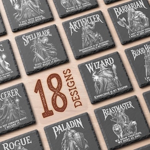 May include: A collection of square slate coasters featuring 18 distinct fantasy character designs, including Wizard, Barbarian, and Beastmaster. Each coaster displays a detailed white illustration of a character with thematic text.