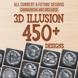 Può includere: Una grafica digitale con il testo ALL CURRENT & FUTURE DESIGNS COMMERCIAL USE INCLUDED 3D ILLUSION 450+ DESIGNS. Sotto il testo ci sono diverse piastrelle quadrate effetto ardesia che mostrano varie immagini in rilievo 3D, tra cui un gufo, un soldato, un casco da football, lo stato del Texas, un giocatore di hockey e una palma.