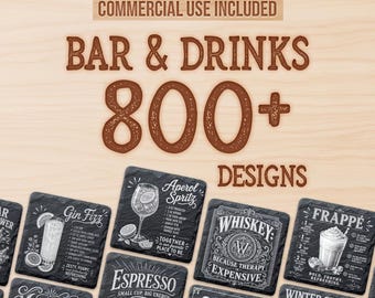 May include: A digital collection of 800+ bar and drink designs featuring black slate-style coasters with white illustrations and text for cocktails like Gin Fizz, Aperol Spritz, Whiskey, Frappe, Espresso, Ale, Margarita, and Winter Citrus Negroni.