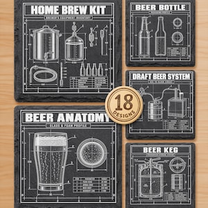 May include: A set of five square black slate coasters featuring white technical blueprint illustrations of brewing equipment, beer bottles, draft systems, beer anatomy, and kegs. A round wooden token with the text 18 DESIGNS is included.