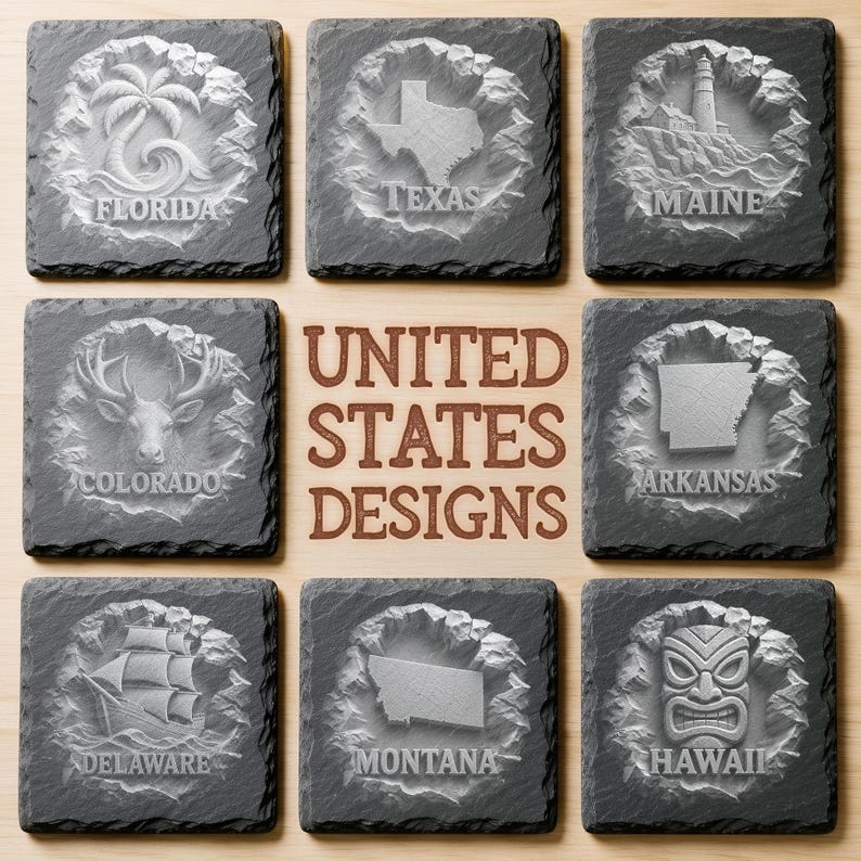 May include: A set of eight square dark gray slate coasters featuring carved relief designs of U.S. states including Florida, Texas, Maine, Colorado, Arkansas, Delaware, Montana, and Hawaii, with the text UNITED STATES DESIGNS in the center.