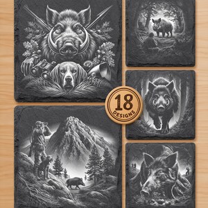 May include: A collection of five square black slate coasters featuring detailed monochrome illustrations of wild boars, hunting scenes, and a dog. A circular wooden token in the center displays the text 18 DESIGNS in a bold, dark font.