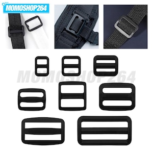 May include: A collection of black plastic tri-glide sliders and ladder lock buckles in various rectangular shapes and sizes. The set includes components for adjusting webbing straps, shown in use on black and white fabric straps in the top images.