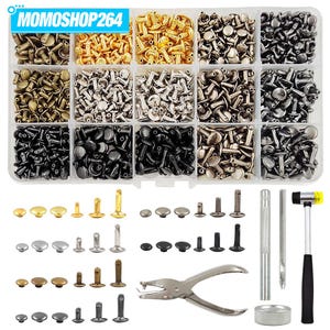 May include: A clear plastic organizer box containing fifteen compartments filled with metal rivets in gold, silver, bronze, and black finishes. Below the box are loose rivets, a metal hole punch tool, two metal setting tools, and a small hammer.