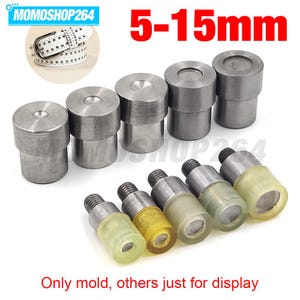 May include: A set of metal and translucent yellow plastic mold components for setting rivets or studs, ranging from 5-15mm. The collection includes five solid cylindrical metal pieces and five threaded metal pieces with plastic tips.