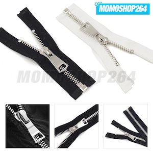 May include: Two metal zips, one black and one white, featuring silver-toned teeth and sliders. The image includes the text MOMOSHOP264. Additional smaller panels show close-up views of the black zip mechanism and the zip tape structure.