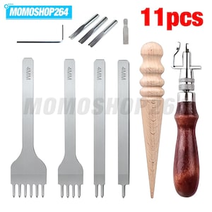 May include: An 11-piece leather crafting tool set including four metal stitching chisels marked 4MM, three small metal punch attachments, one L-shaped metal tool, one flat metal piece, a wooden burnisher, and a metal stitching groover tool.