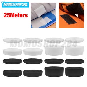 May include: A collection of white and black hook and loop fastener tape rolls, labeled 25Meters. The image displays multiple circular spools of adhesive-backed fabric strips, with inset photos showing the white and black fasteners applied to surfaces.