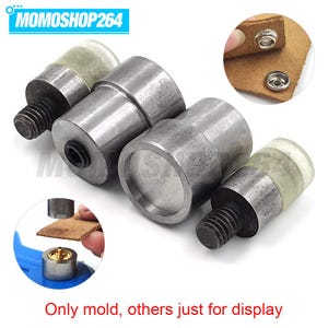 May include: A set of four metal snap fastener setting tools with threaded bases and cylindrical heads. Two circular insets show the tools applying metal snaps to brown leather. The text MOMOSHOP264 and Only mold, others just for display appear.