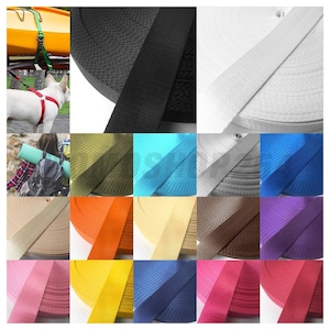 May include: A collection of nylon webbing straps in various solid colors including black, white, olive, blue, silver, tan, orange, yellow, brown, purple, pink, and red, shown in rolls and in use for securing a kayak, a dog harness, and a backpack.