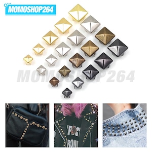 May include: A collection of pyramid-shaped metal studs in gold, silver, bronze, and black finishes, arranged in a diamond pattern. Below, three examples show the studs applied to a black leather bag, a black jacket, and a denim collar.