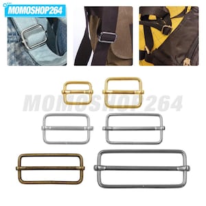 May include: A collection of rectangular metal strap adjusters in various finishes including gold, silver, bronze, and gunmetal. These hardware sliders feature a center bar design and are shown in multiple sizes, with inset photos demonstrating their use on fabric straps.