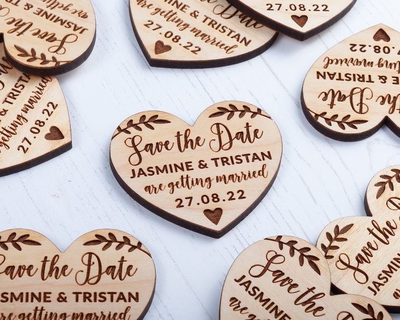 Rose Cottage Personalised Save the Dates Save the Date Magnet with Card /& Envelope Wooden Heart Magnets