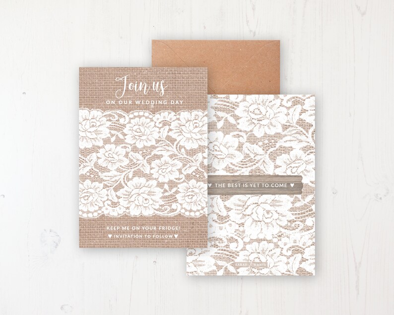 Chantilly Lace Personalised Save the Dates Round Wooden Magnets Save the Date Magnet with Card /& Envelope