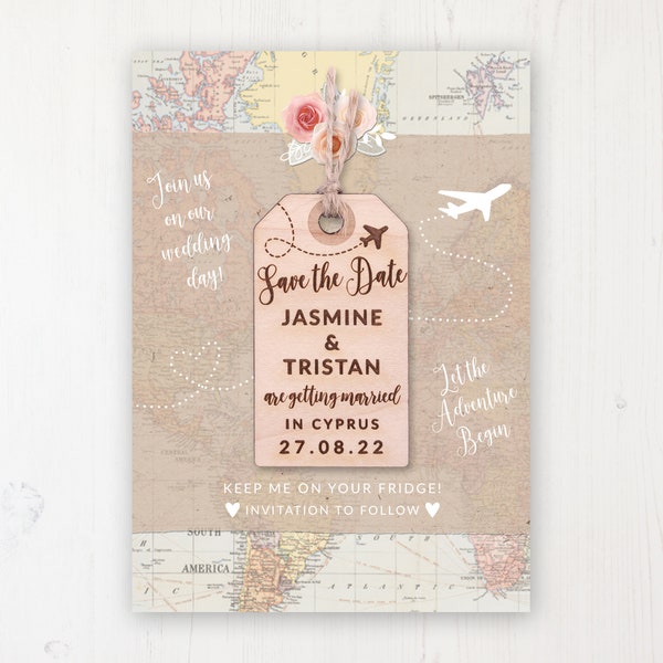 Save the Date Magnet with Card & Envelope - Adventure - Wooden Luggage Tag Magnets - Personalised Save the Dates